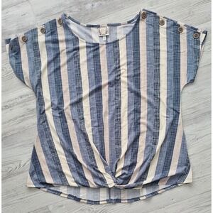 Tru Self Blue Tan White‎ Striped Twist Front Button Shoulders Top 2X 18KX-EXHY